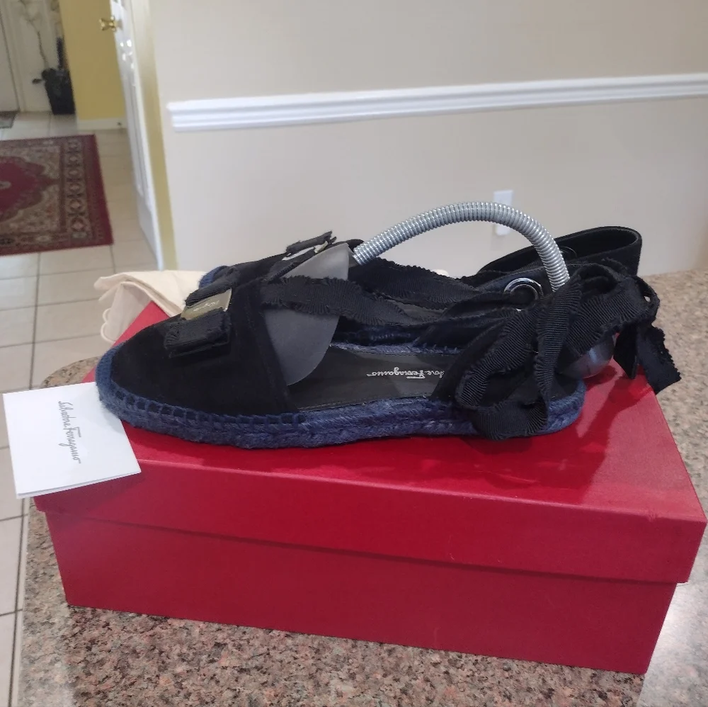 Salvatore Ferragamo Black Suede Espadrilles size 8 m .